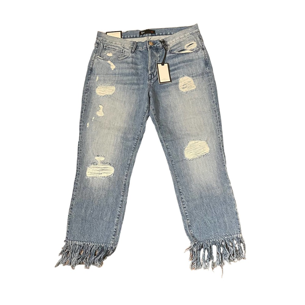 3X1 Fringe Hem Crop Straight Leg Jeans Distressed Mid -Rise‎ Cotton 31 Women NWT